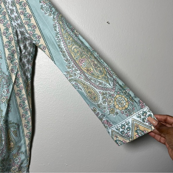 Soft‎ Surroundings Women Tunic Top Large Green Tan Popover Henley Dress Brunch - Picture 7 of 12